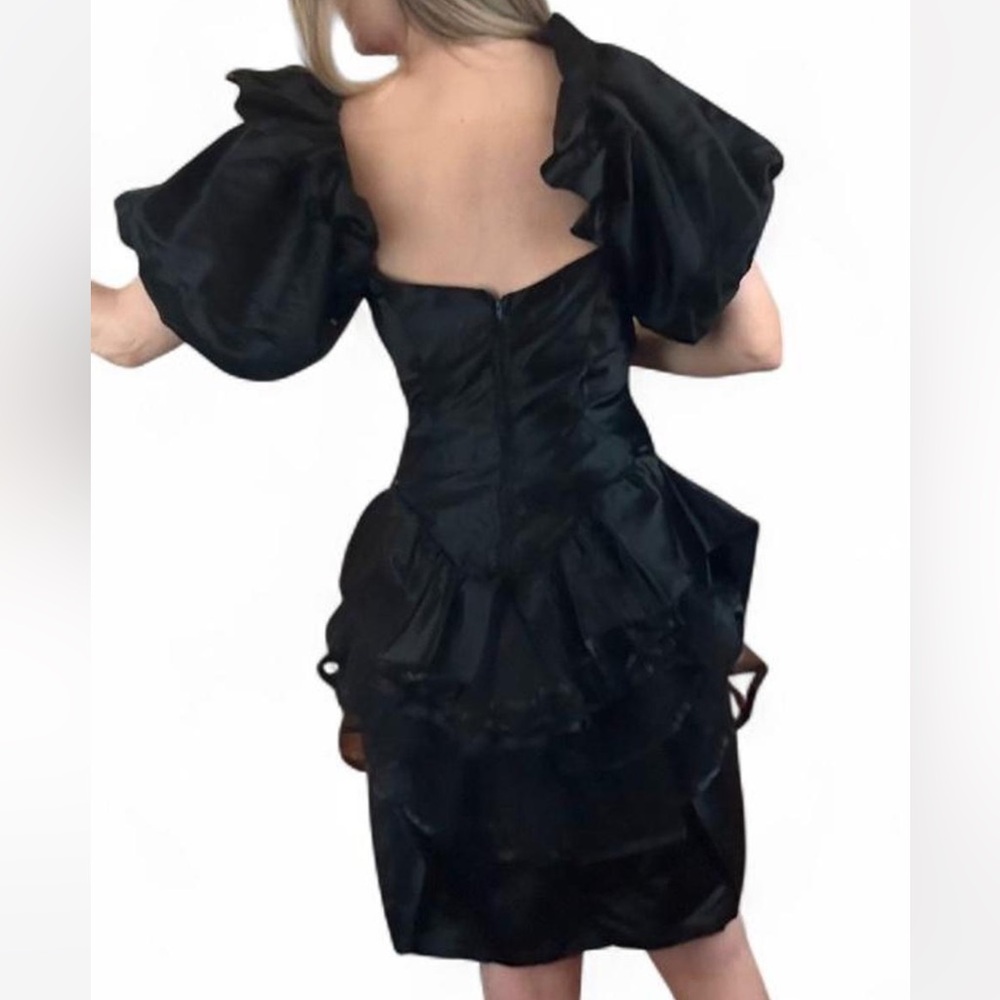 Vintage 80s Black Puff-Sleeve Ruffle, Drop-Waist Satin Dress